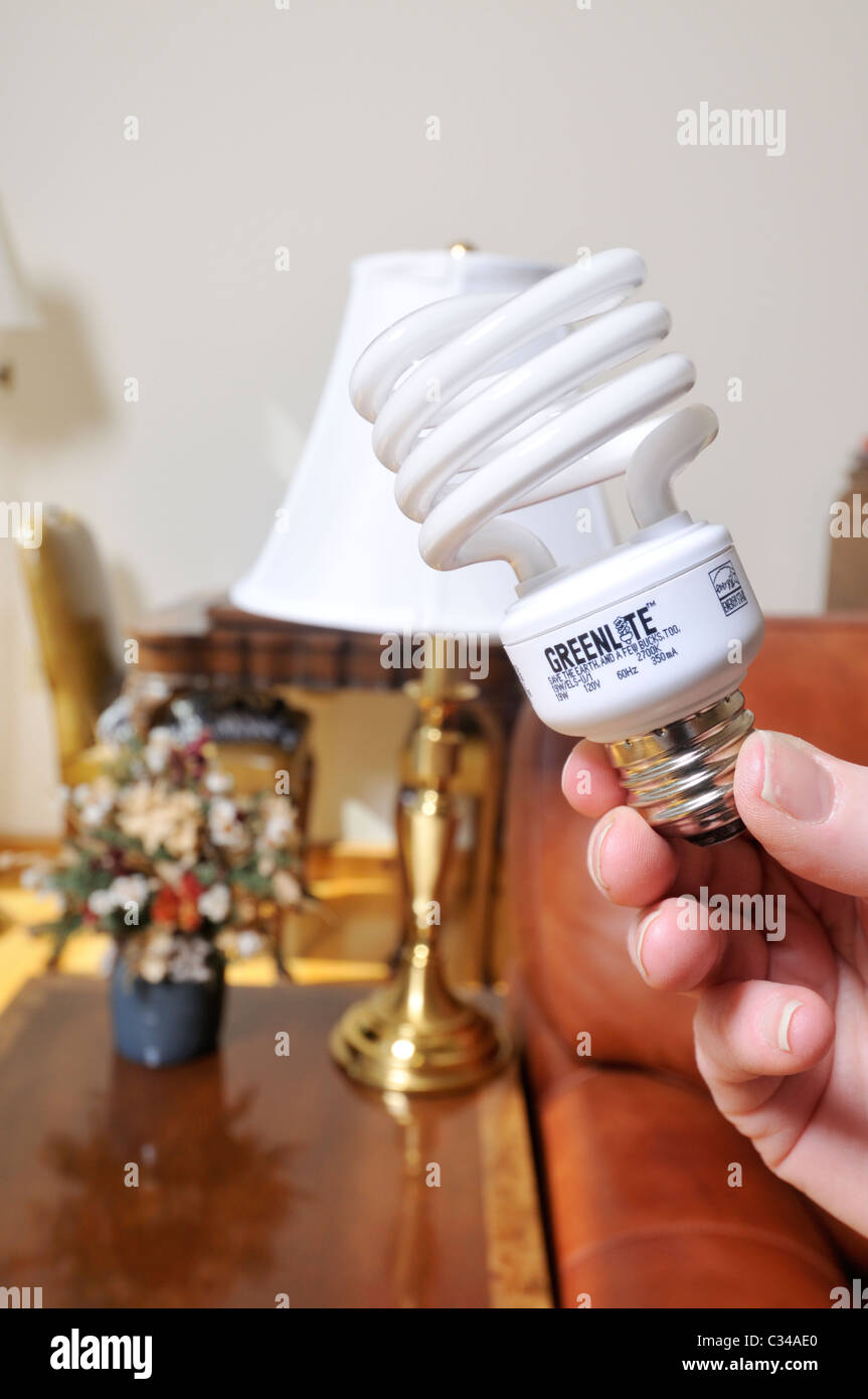 Cambiar las bombillas de luz de una lámpara de una bombilla incandescente de una lámpara CFL ahorra más energía en la habitación de la casa. Foto de stock