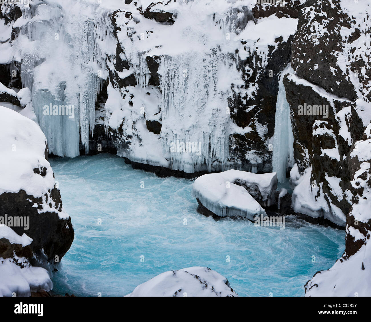Hraunfossar, congelados, Borgarfjordur, Islandia Foto de stock