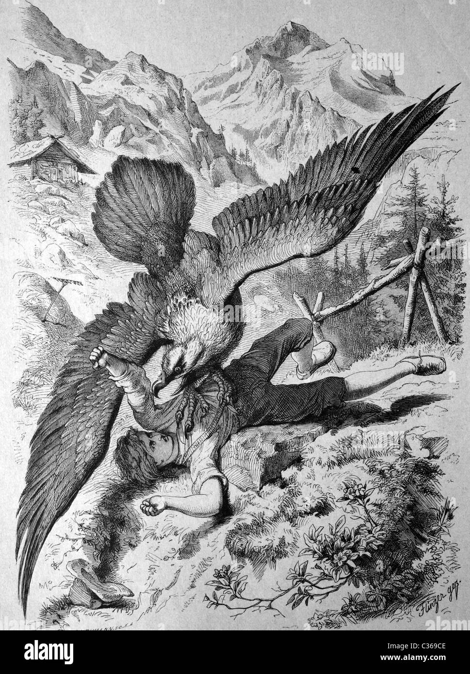 Vulture capta un muchacho, imagen histórica 1886 Foto de stock