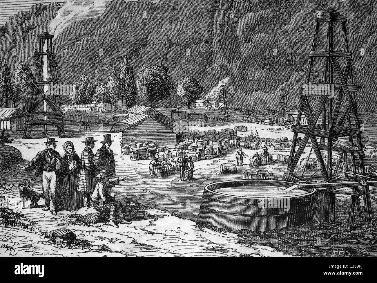Campo petrolífero en Pennsylvania, Amerika, imagen histórica 1886 Foto de stock