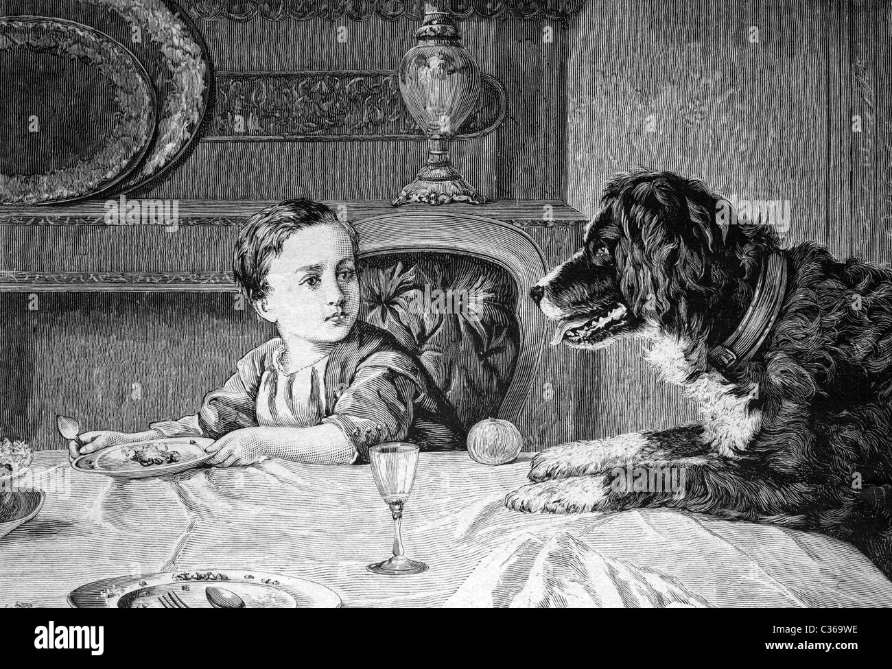 Perro mendigando en la tabla, imagen histórica 1886 Foto de stock