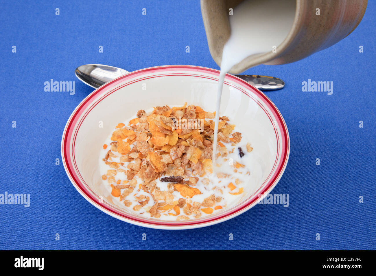 Verter la leche de una jarra en un tazón de cereal de desayuno desde arriba. Inglaterra Foto de stock