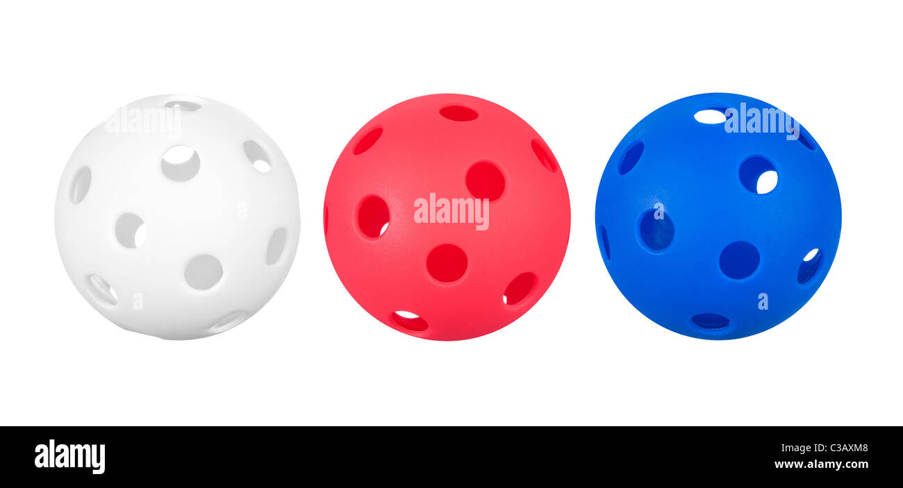 Rojo, blanco y azul whiffle bolas aislado en blanco Foto de stock