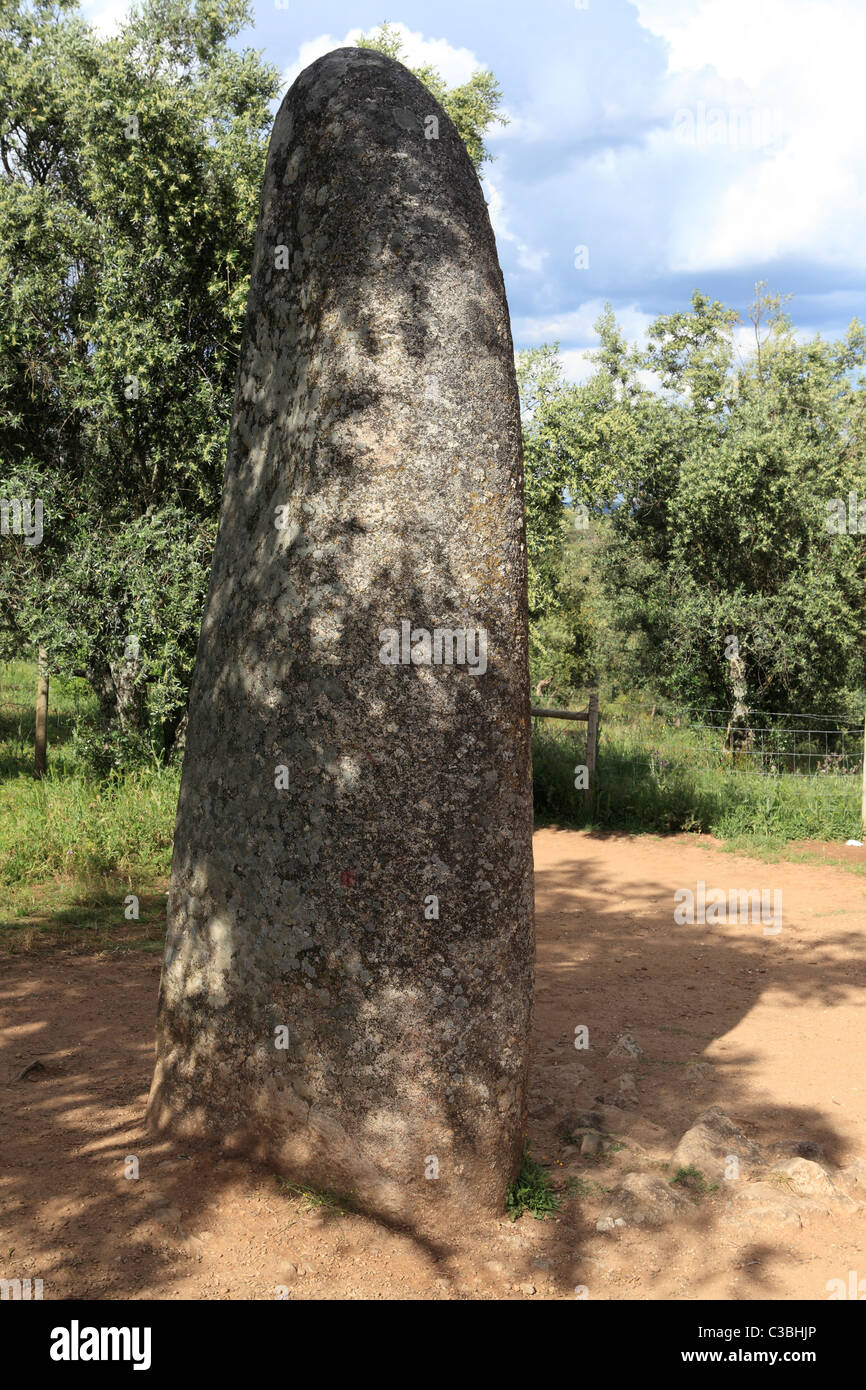 Un fálico menhir autoestable cerca del cromlech de Almendres megalíticos, cerca de la ciudad de Évora, en el distrito de Alentejo. Foto de stock