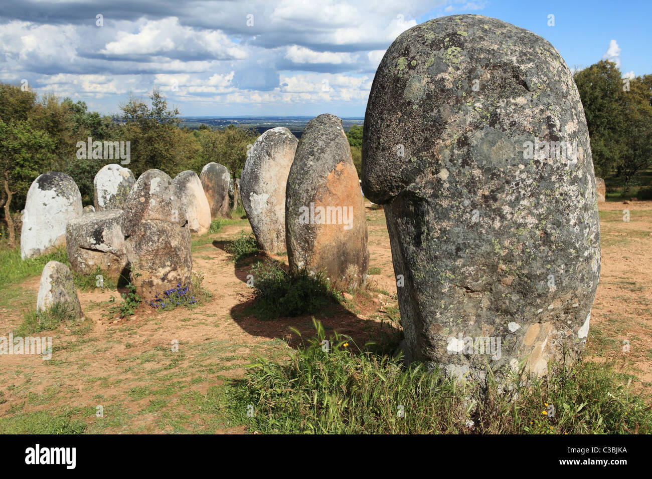 Menhires (piedras) de la época megalítica cromlech de Almendres, cerca de Évora, en el Alentejo, Portugal. Foto de stock