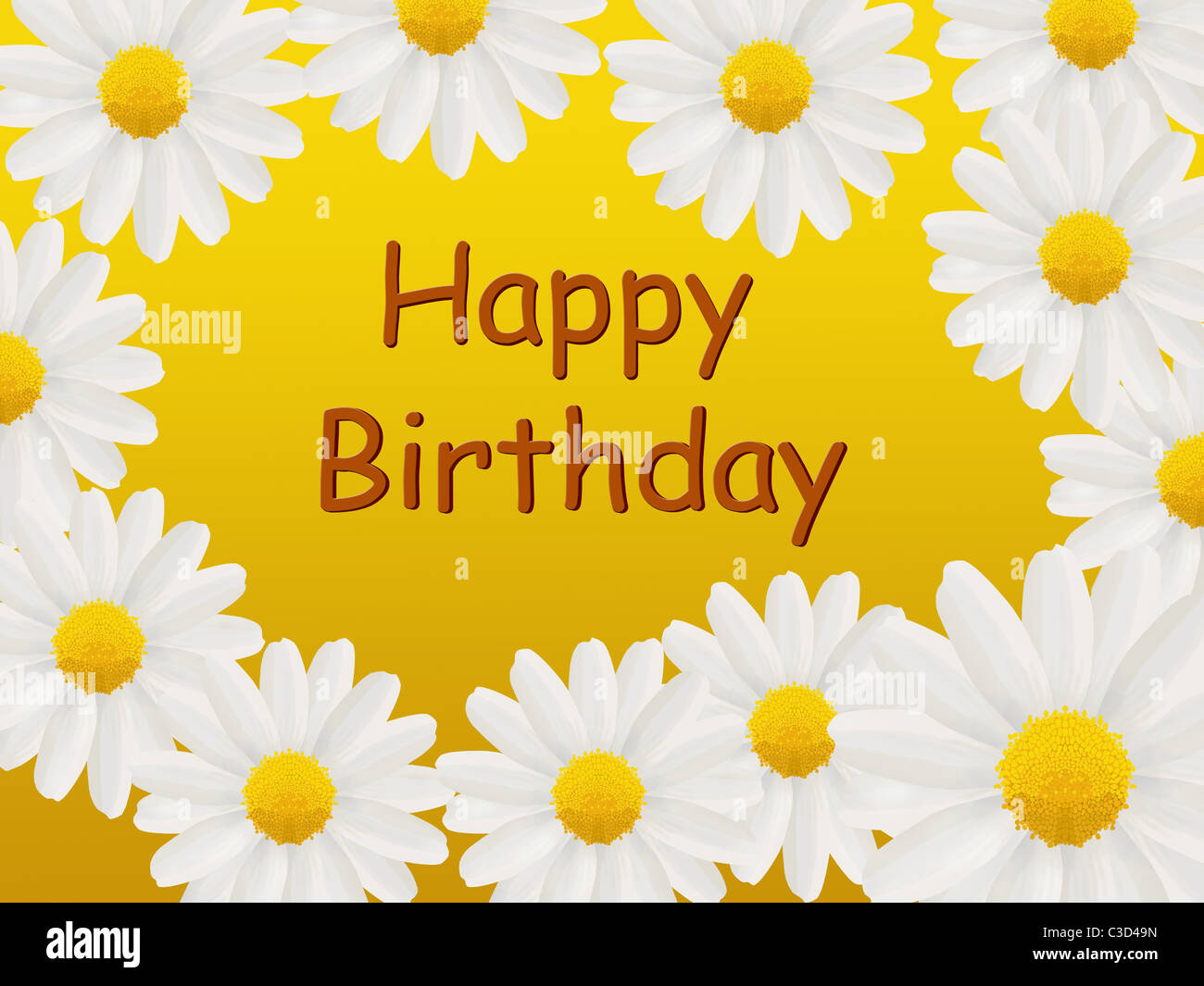 Tarjeta de cumpleaños con margaritas blancas sobre un fondo amarillo