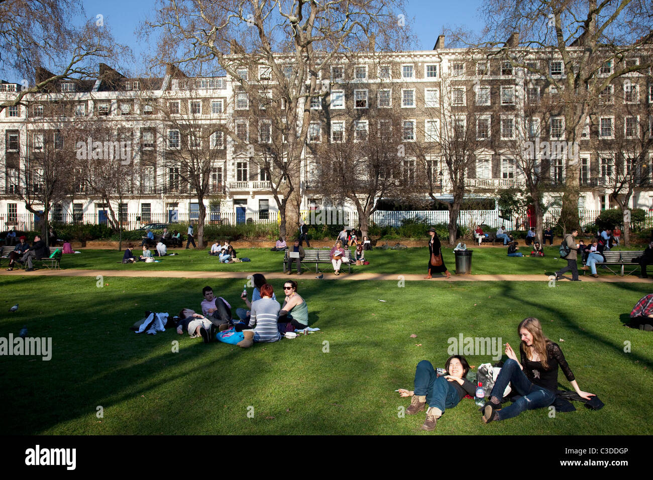 La gente descansando en la hierba en Gordon Square, Bloomsbury, Londres. Foto de stock