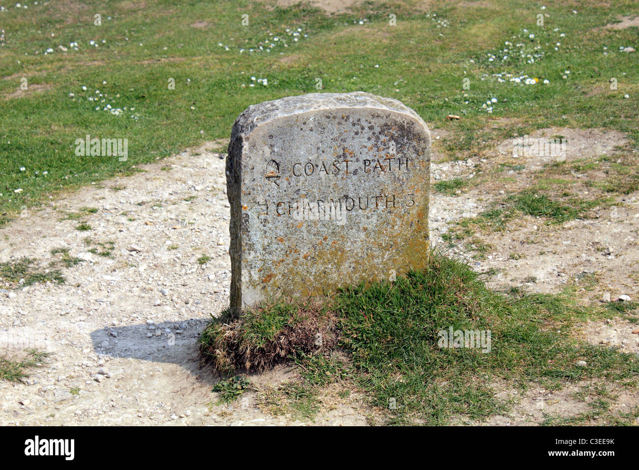 Marcador de piedra ruta costa distancia de Golden Cap a Charmouth campiña de Dorset, Inglaterra Foto de stock