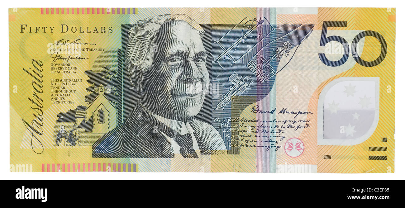 Un poco cutres y utiliza 50 Dólares Australianos 50 billetes de dólar $ dinero. Foto de stock