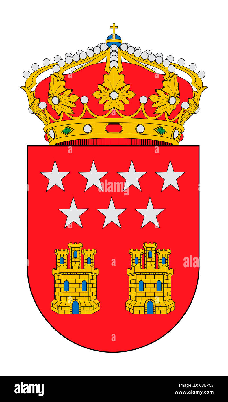 Provincia española de la Comunidad de Madrid escudo de armas; aislado sobre fondo blanco. Foto de stock
