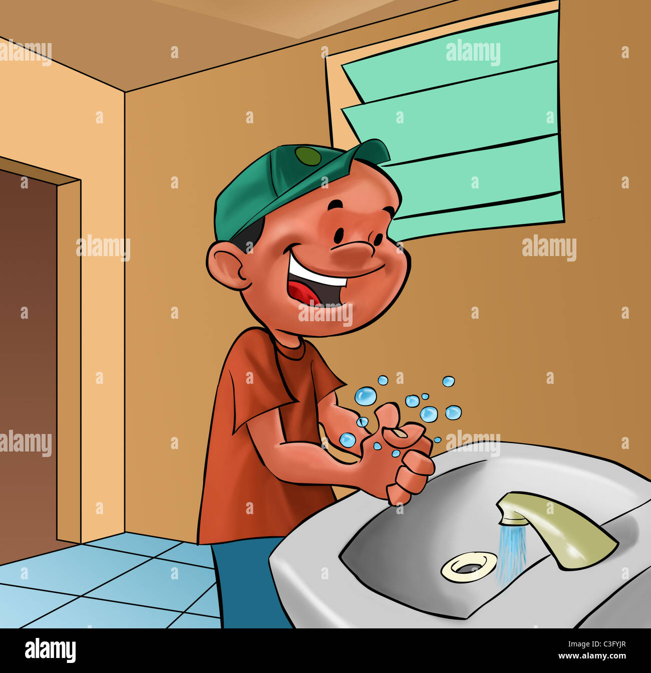 Sonriente joven lavándose las manos en una sala de baño Fotografía de stock  - Alamy