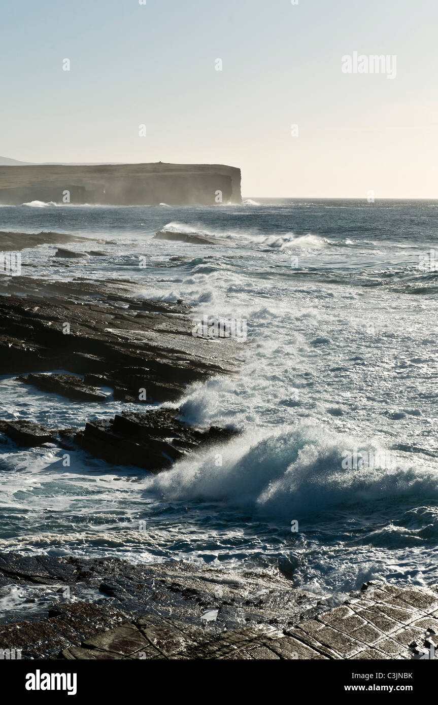Dh Bahía de Skaill SANDWICK ORKNEY West costa rocosa de Orkney surfear olas rompiendo en tierra Foto de stock