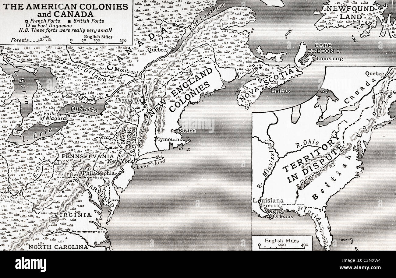 Mapa de las colonias en América y el Canadá, mostrando las fortalezas británicas en 1755. A partir de la historia de Inglaterra, publicado el 1930. Foto de stock