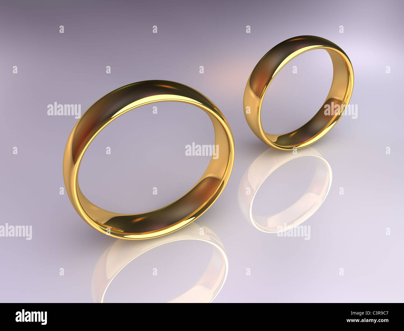 Dos anillos de boda de oro juntos pero separados, 3D Render Foto de stock