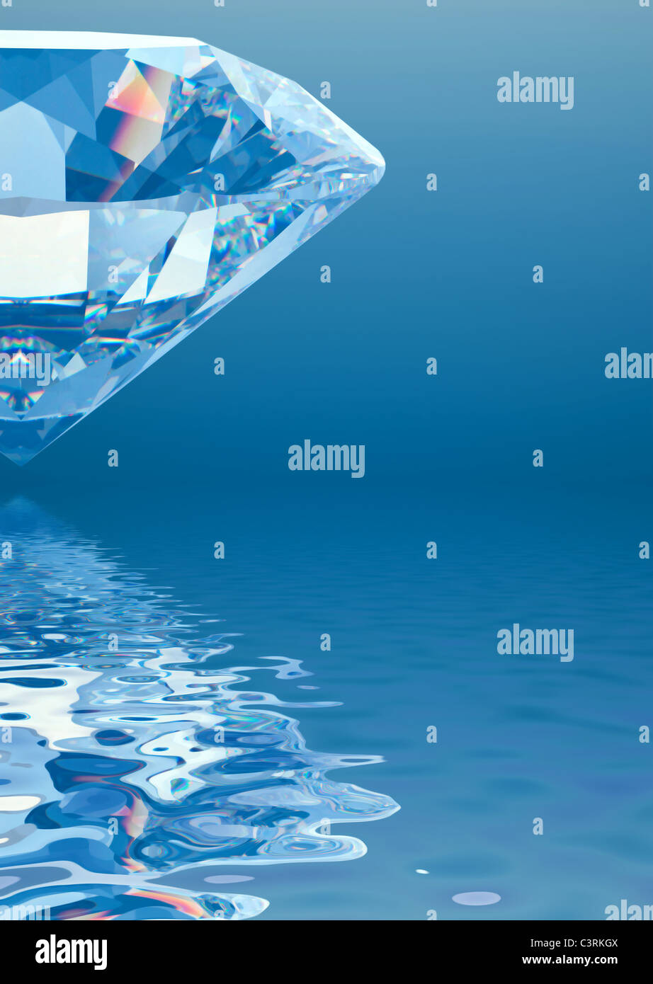 Diamante azul con reflejo en el agua Foto de stock
