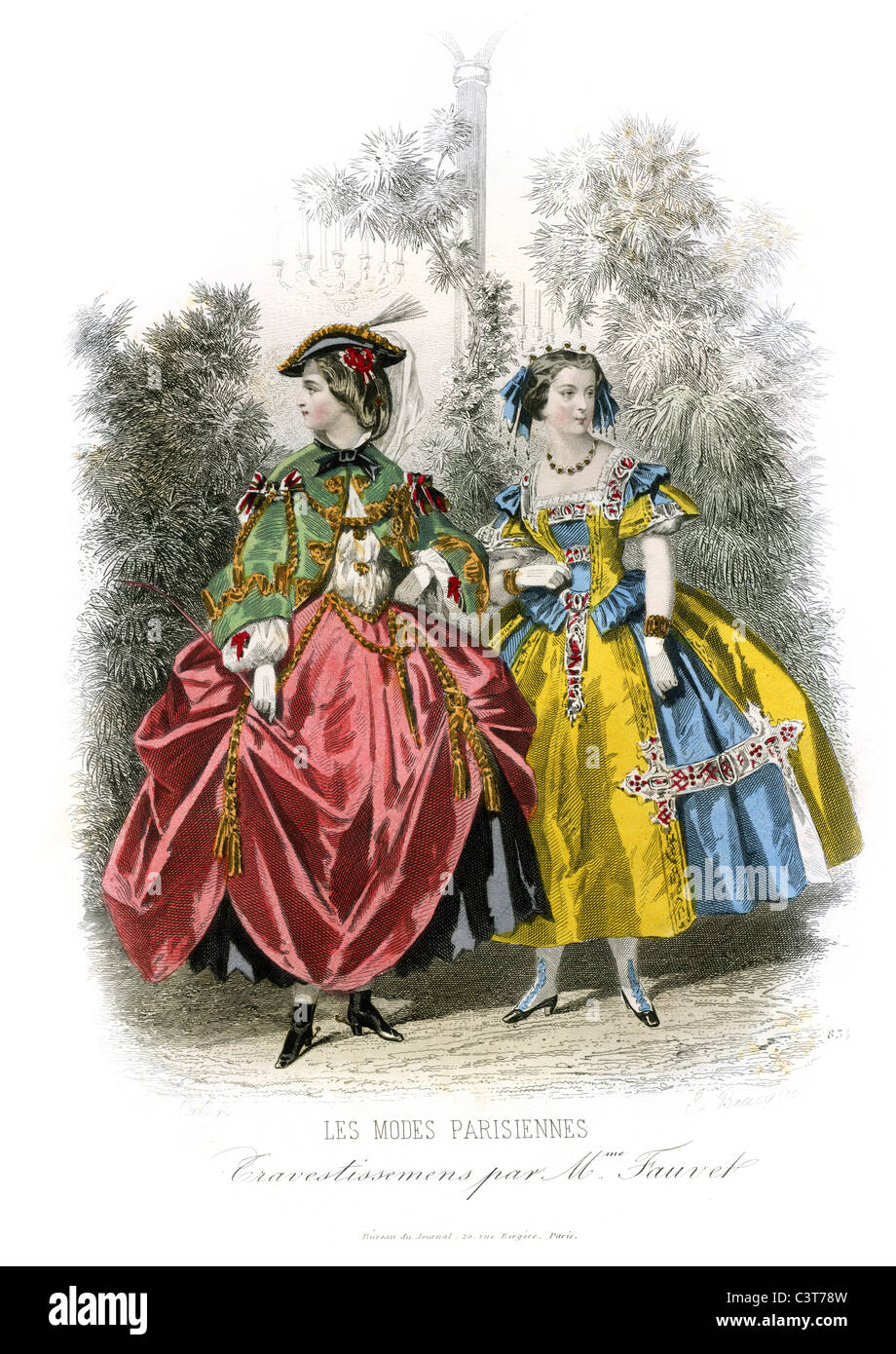 Dos jóvenes mujeres vistiendo trajes de moda de París, Francia alrededor de 1860 Foto de stock