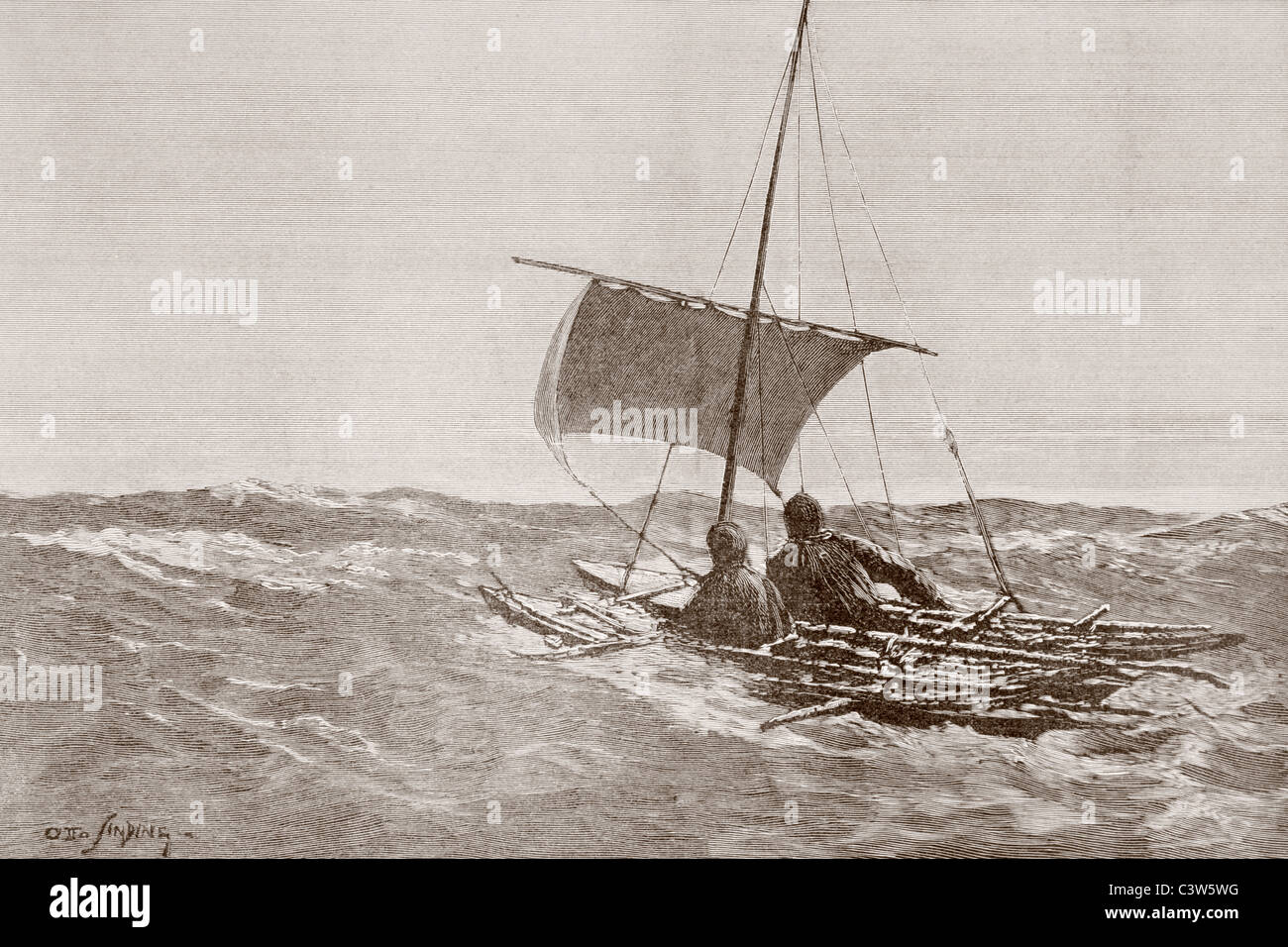 Nansen y Johansen con sus kayaks amarrados juntos navegar hacia la tierra de Franz-Josef tras su intento de alcanzar el Polo Norte Foto de stock
