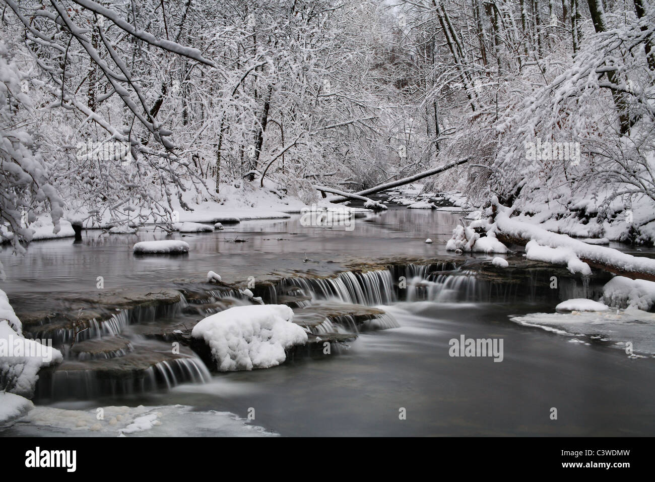Un pequeño arroyo cubierto de nieve en invierno y cascada, Parque Keehner, sudoeste de Ohio, EE.UU. Foto de stock