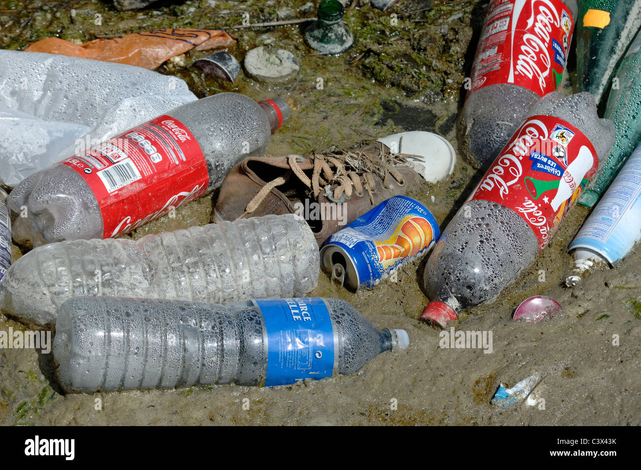 Botellas de plástico desechadas, botellas de Coca Cola, latas de refrescos, zapatos de lienzo y otros residuos o basura, Camargue Wetlands, Francia Foto de stock