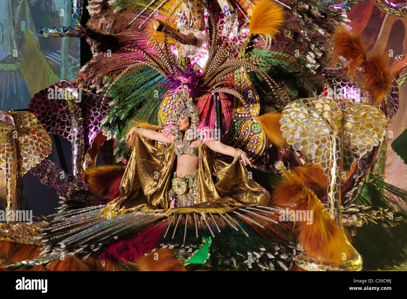 Un candidato de la reina del carnaval en traje tradicional en el carnaval de Santa Cruz de Tenerife, Islas Canarias Foto de stock