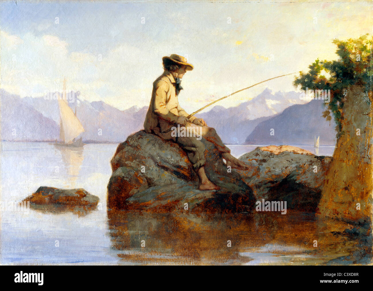 Pintura al óleo de un hombre pesca, por Louis David Bocion Franþois. Suiza, del siglo XIX. Foto de stock