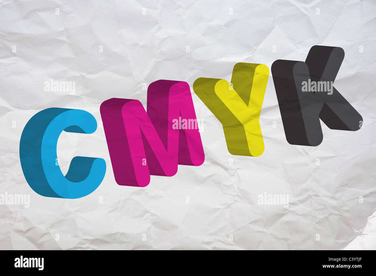 CMYK, cuatro letras que representan a cuatro colores en la industria de impresión. Imagen puede ser utilizado como una ilustración para un tema poligráfica. Foto de stock