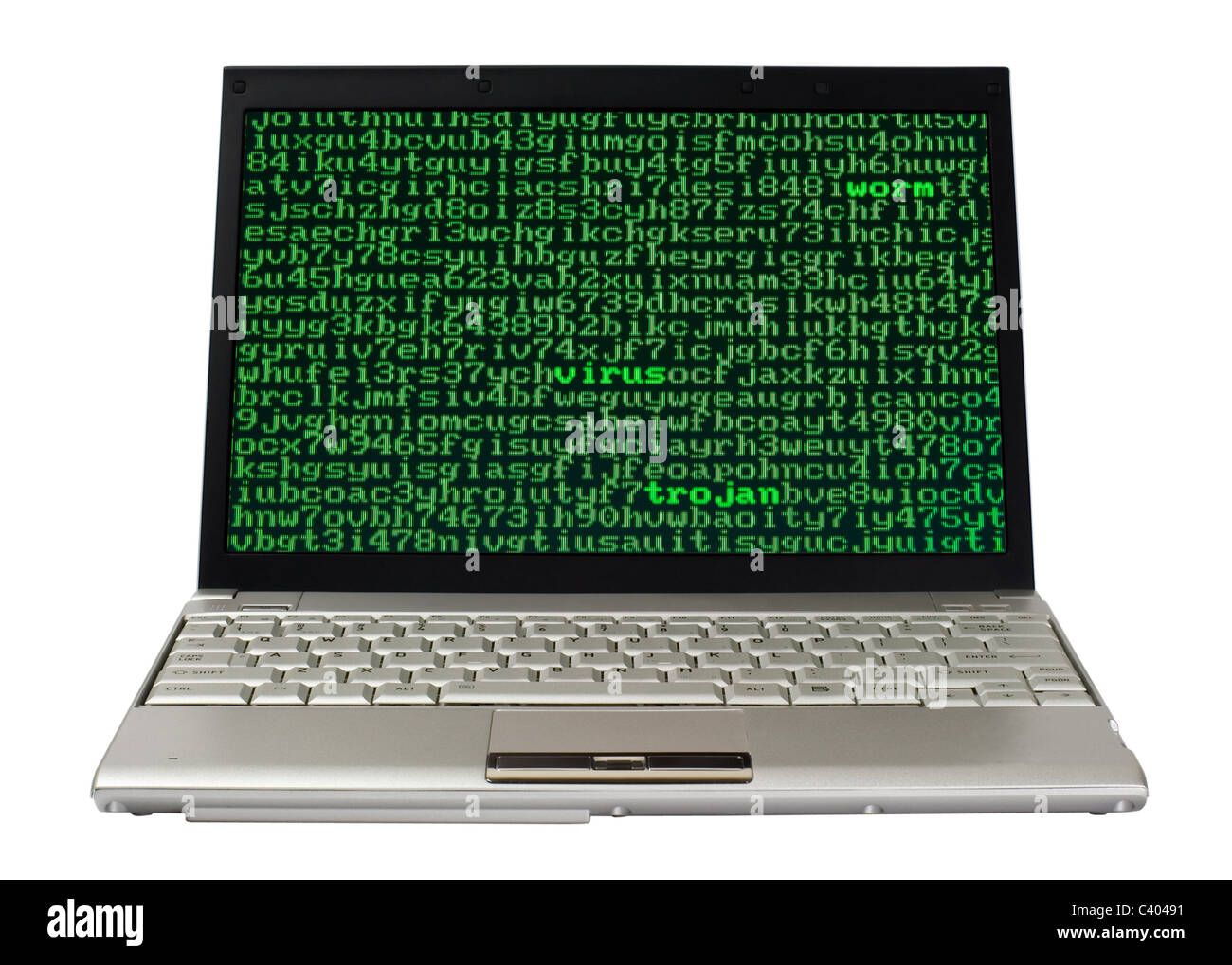La pantalla del portátil llena de caracteres alfanuméricos con la palabra Virus, gusanos y troyanos destacó Foto de stock