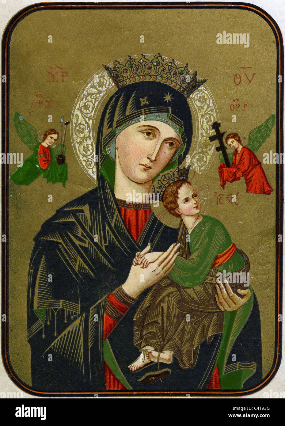 Santa María, retrato, con el bebé Jesús, estampado de arte coloreado, Foto de stock