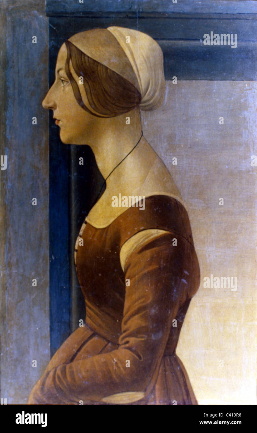 Kunst, Botticelli, Sandro (1444/1445 - 1510), pintura, "Retrato de una joven", óleo sobre panel, circa 1475, Galleria Palatina Foto de stock