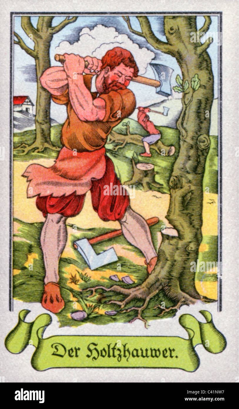 Gente, profesiones, lumberjack, alrededor de 1575, impresión a color, tarjeta de cigarrillos, Tengelmann, Muehlheim/Ruhr, 1934, , Derechos adicionales-Clearences-no disponible Foto de stock