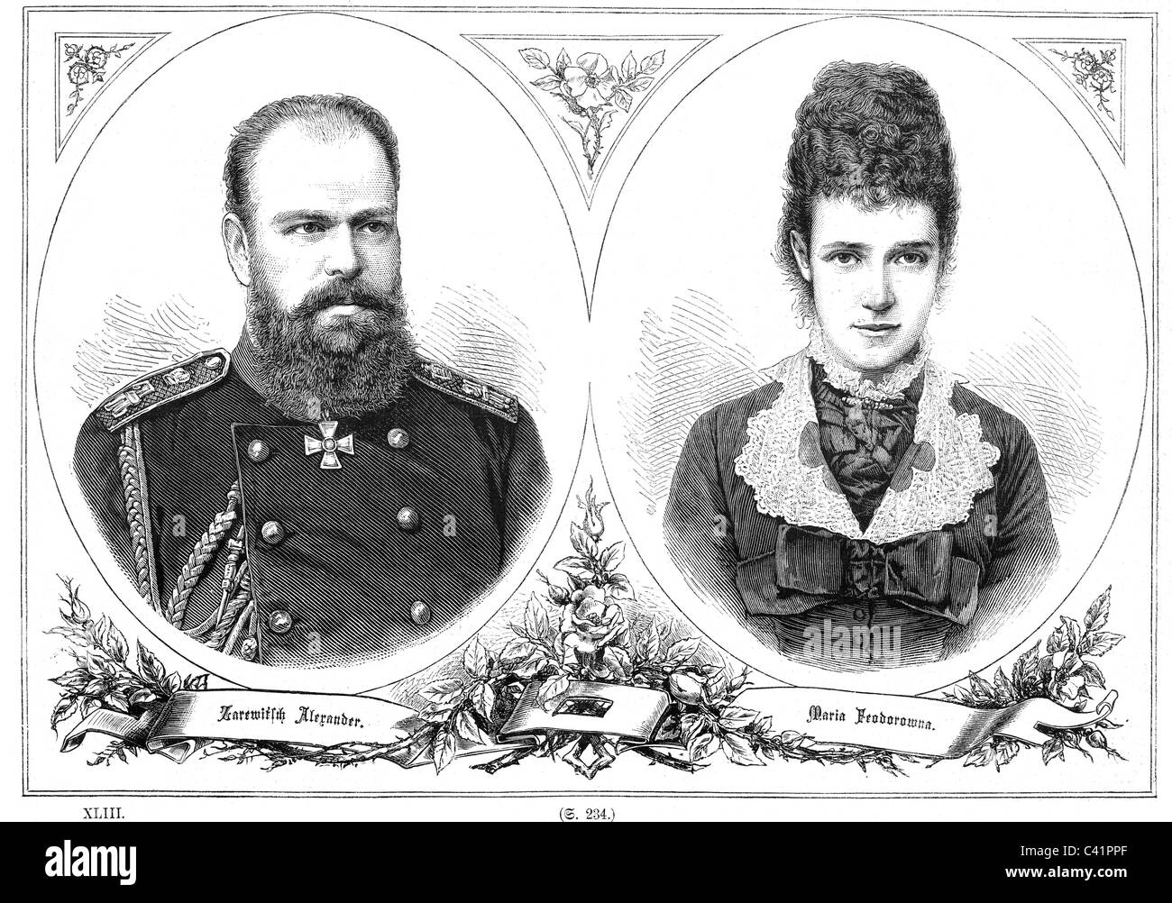 Alexander III Alexandrovich, 10.3.1845 - 1.11.1894, emperador de Rusia 1881 - 1894, retrato, con su esposa Maria Feodorovna (Dagmar de Dinamarca), grabado en madera, finales del siglo 19, Foto de stock
