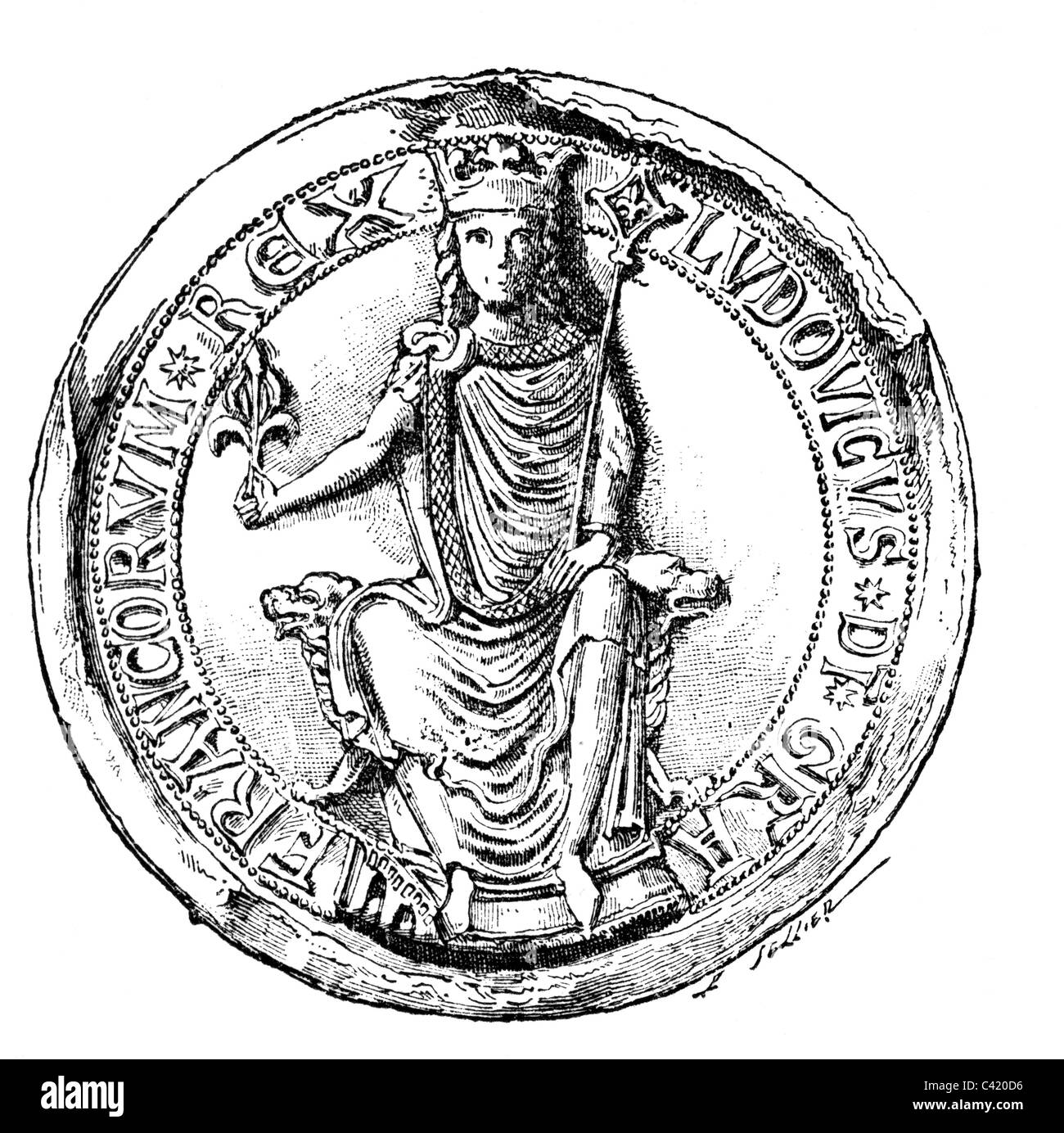 Luis VIII 'el León', 5.9.1187 - 8.11.1226, Rey de Francia 14.7.1223 - 8.11.1226, longitud completa, sello, grabado de madera, siglo 19, Foto de stock