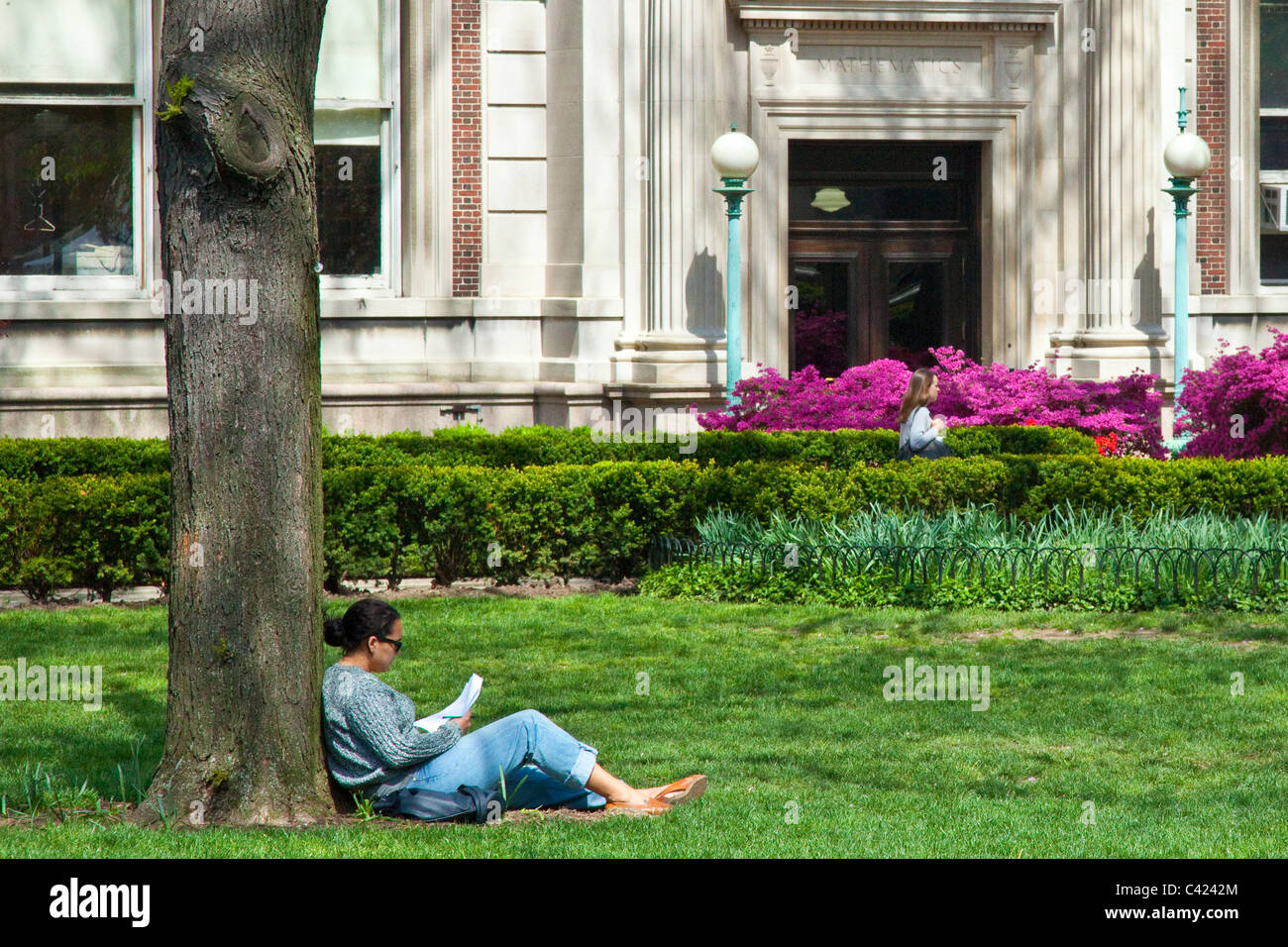 Mujer joven leyendo en el campus de la Universidad de Columbia, Nueva York Foto de stock