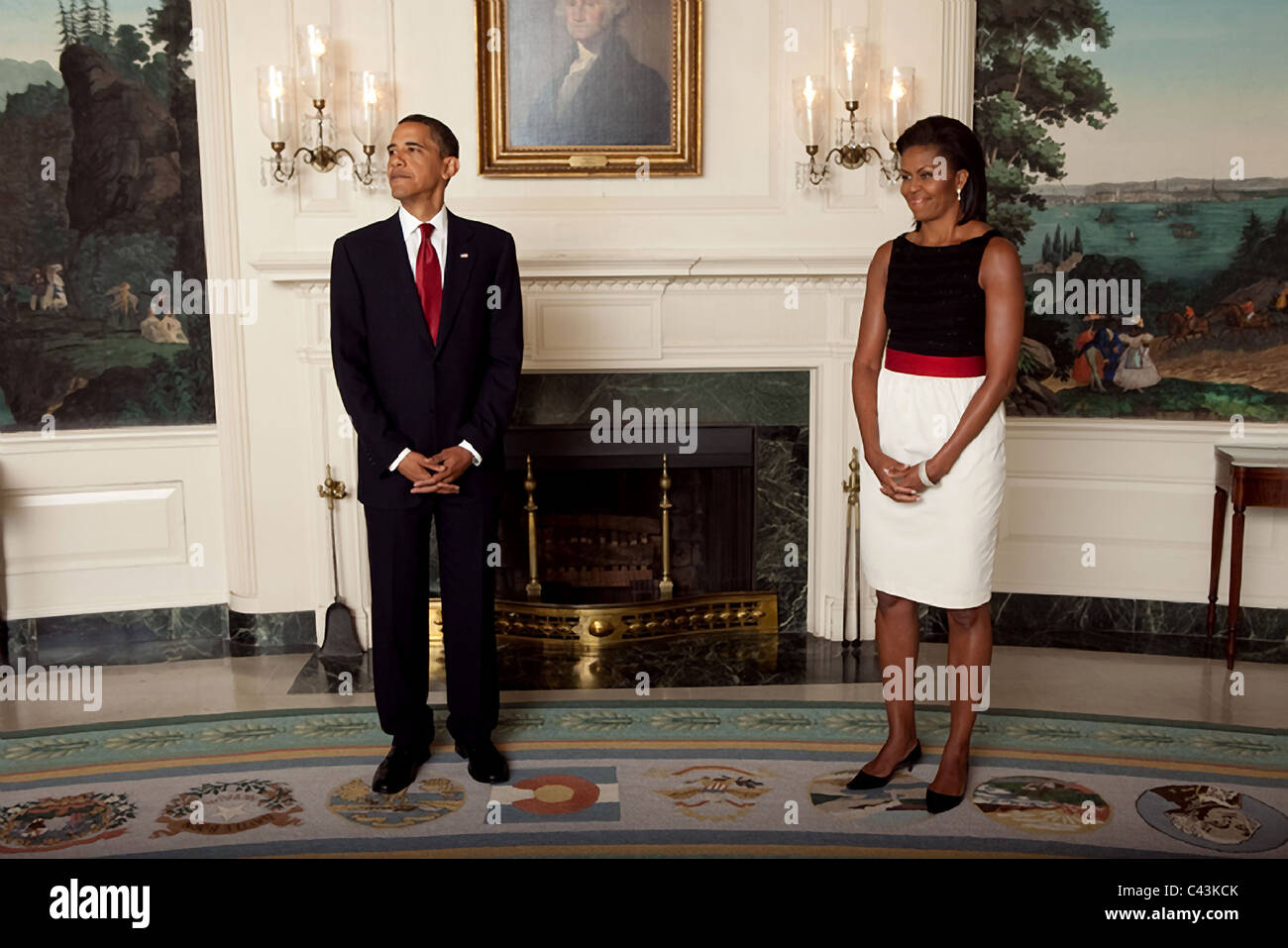 El presidente Barack Obama y la Primera Dama Michelle en la recepción del Embajador en la Casa Blanca, en Washington, D.C. Foto de stock