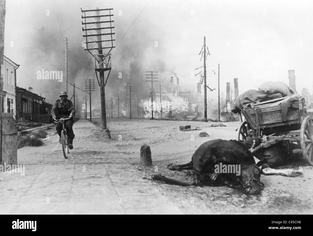Un soldado en una bicicleta en la parte norte del frente oriental, 1941 Foto de stock
