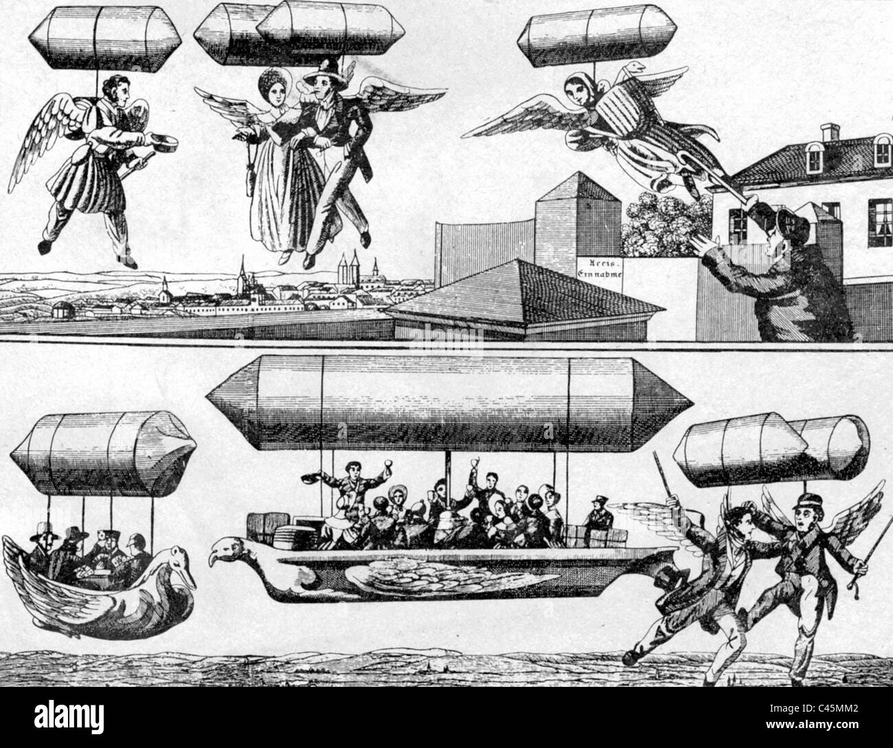 Los dirigibles en caricaturas, alrededor de 1900 Foto de stock