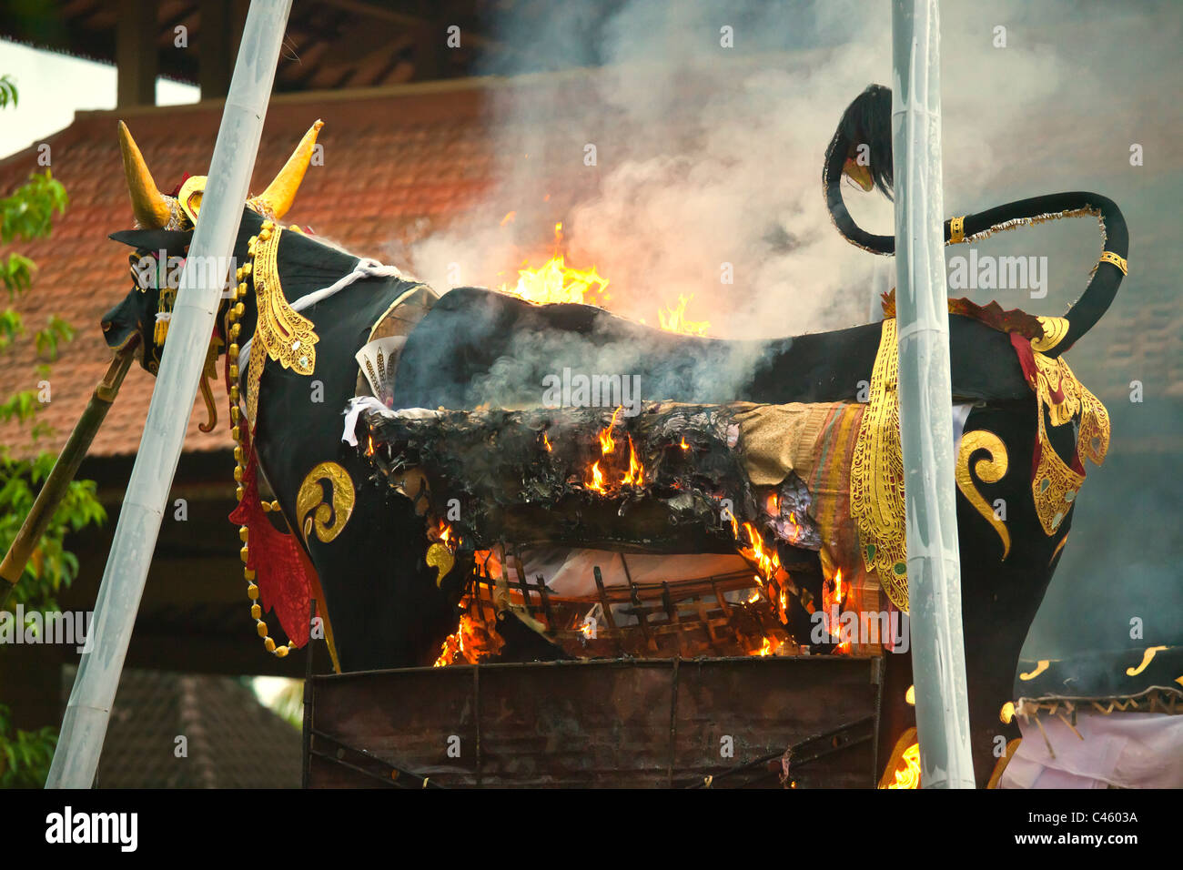 Un estilo hindú cremación donde el cadáver se quema dentro de un toro de madera - UBUD, BALI, INDONESIA Foto de stock
