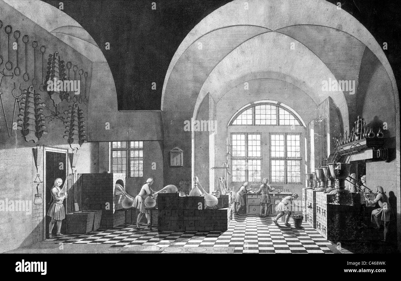 La farmacia en el siglo XVIII. Foto de stock