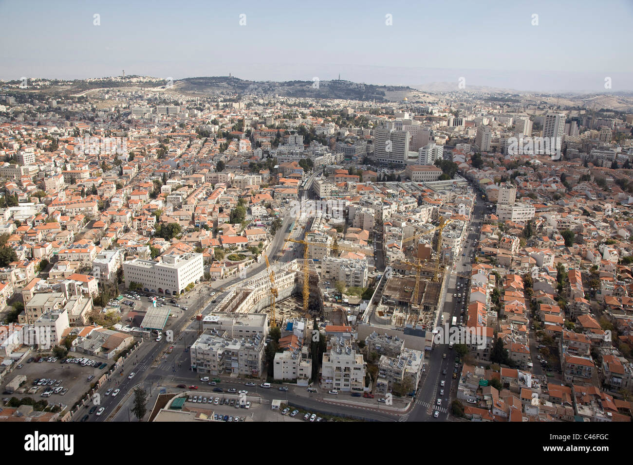 Fotografía aérea del constraction del tren ligero en la ciudad de Jerusalén Foto de stock