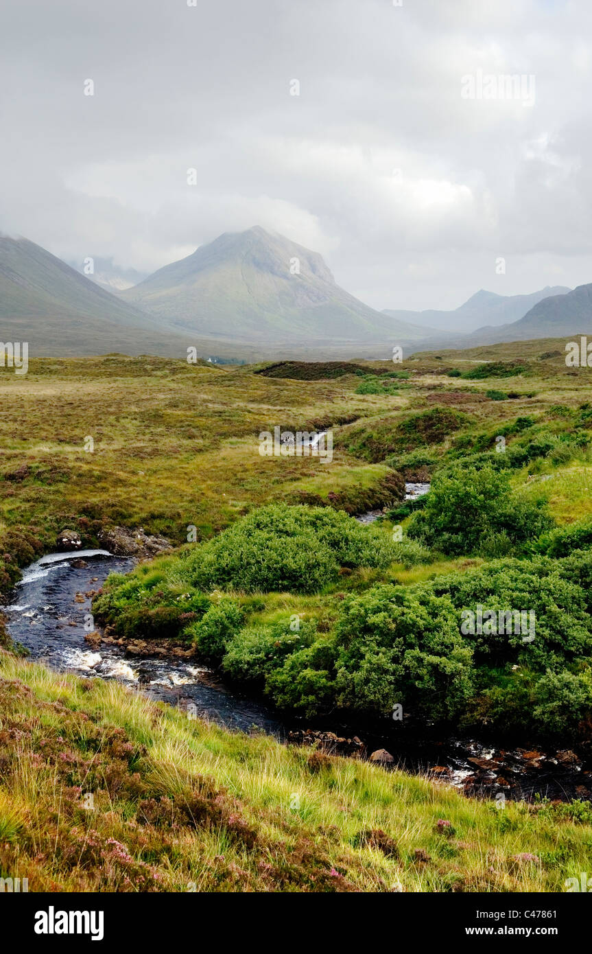 La isla de Skye, Inner Hebrides (Escocia, Reino Unido. Sudeste hacia abajo arroyo de montaña a través de Sligachan hacia las colinas Cuillin Foto de stock