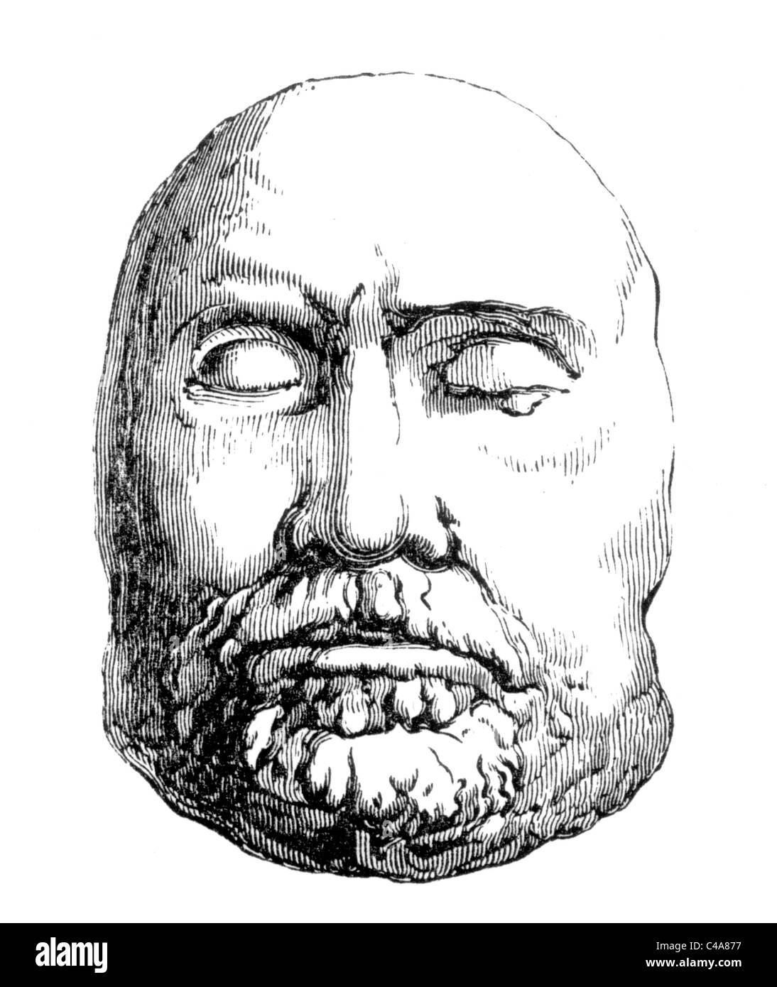 La máscara mortuoria de Oliver Cromwell 1658; ilustración en blanco y negro. Foto de stock
