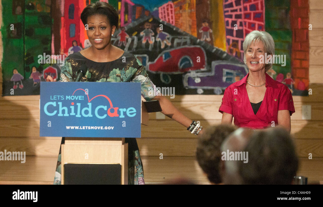 La Primera Dama Michelle Obama reveló permite mover! El cuidado del niño, un nuevo esfuerzo para trabajar con los proveedores de cuidado infantil para fomentar la sana ea Foto de stock