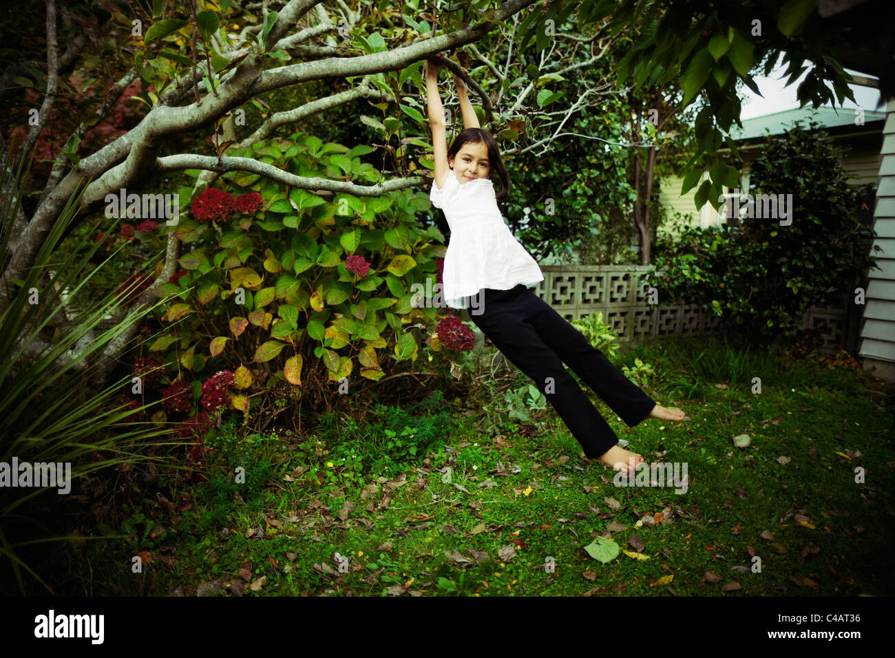 Chica balanceándose de rama. Foto de stock
