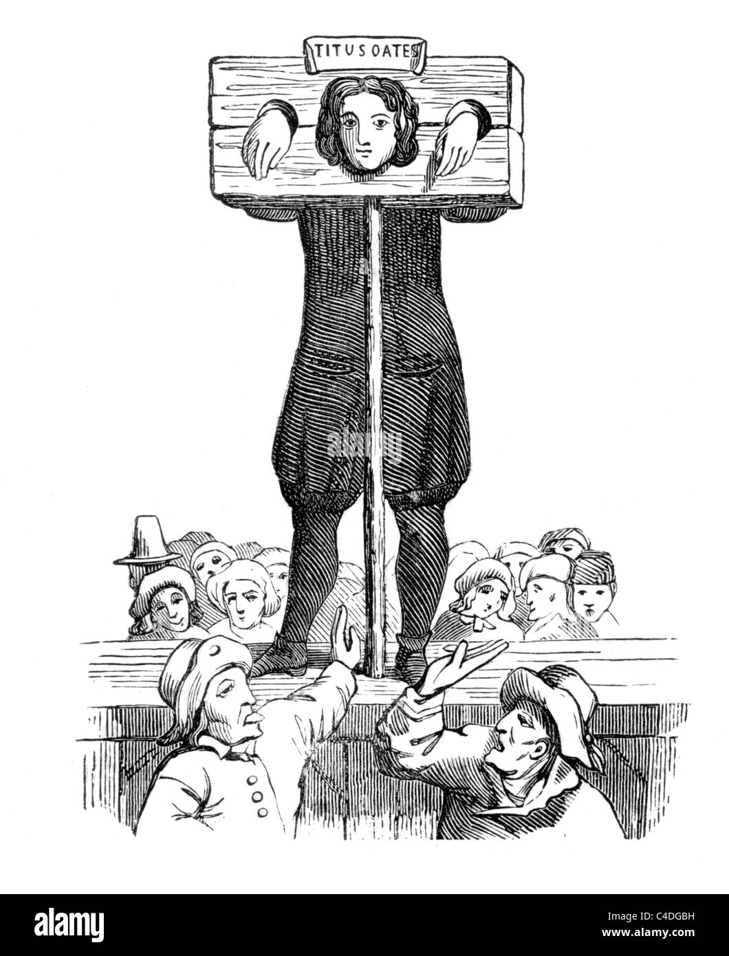 Titus Oates en la picota; ilustración en blanco y negro. Foto de stock