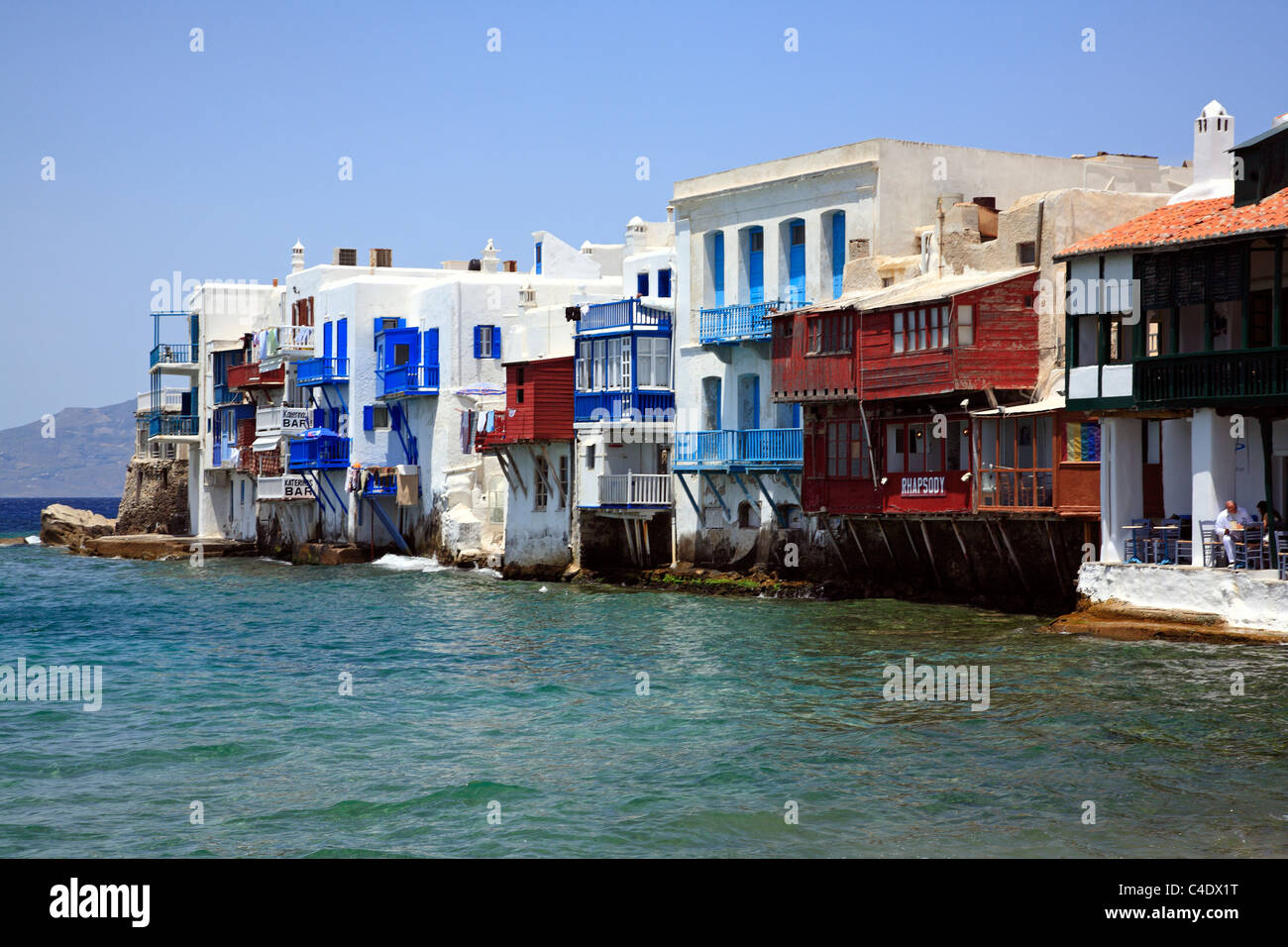 Zona de la pequeña Venecia de Mykonos Cyclades Isla del Mar Egeo, Grecia UE EUROPA Unión Europea Foto de stock