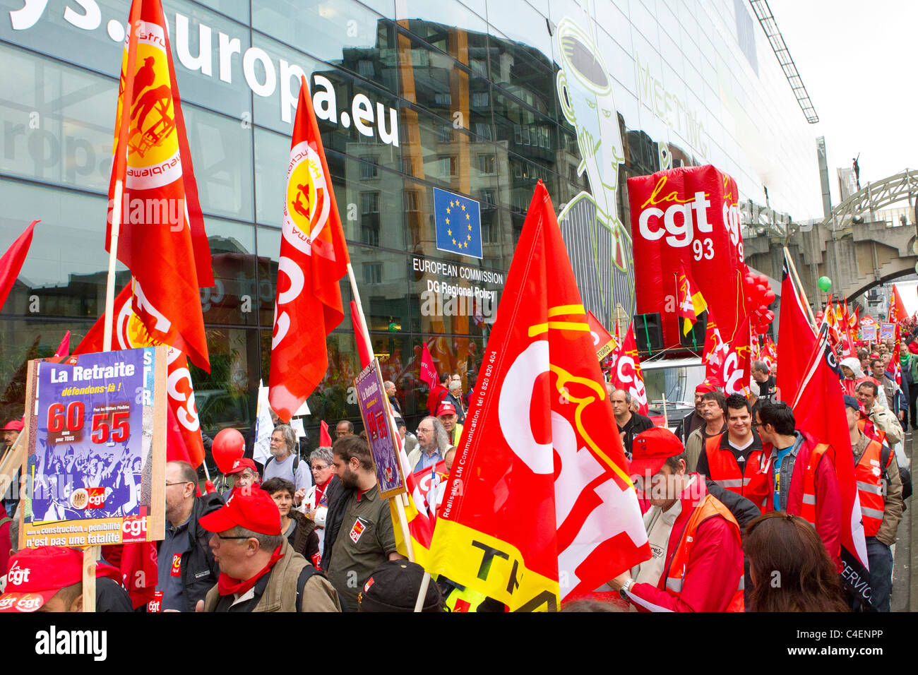 Los sindicatos de transporte marcha de protesta de la Comisión Europea en Bruselas, Bélgica Foto de stock