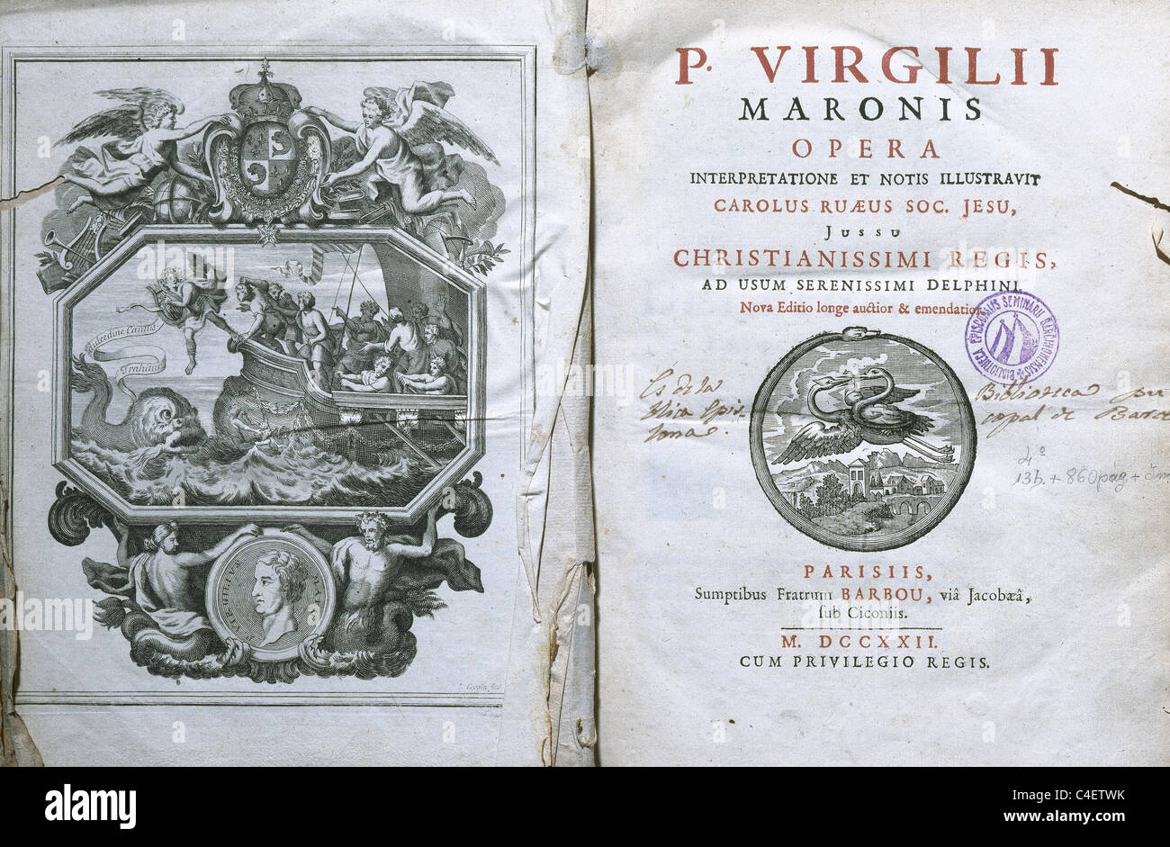 Virgilio (70-19 a.C.). Poeta clásico romano. Frontispicio y página de título de su obra publicada en París, 1722. Foto de stock