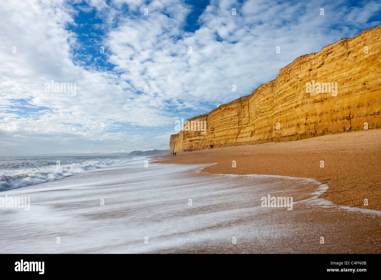 Lave las ondas colmena limpia playa respaldada por imponentes acantilados de piedra arenisca, Burton Bradstock, Dorset, Inglaterra. Invierno (febrero de 2011). Foto de stock