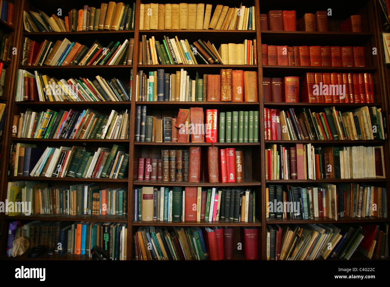 Los libros en los estantes de una biblioteca Foto de stock