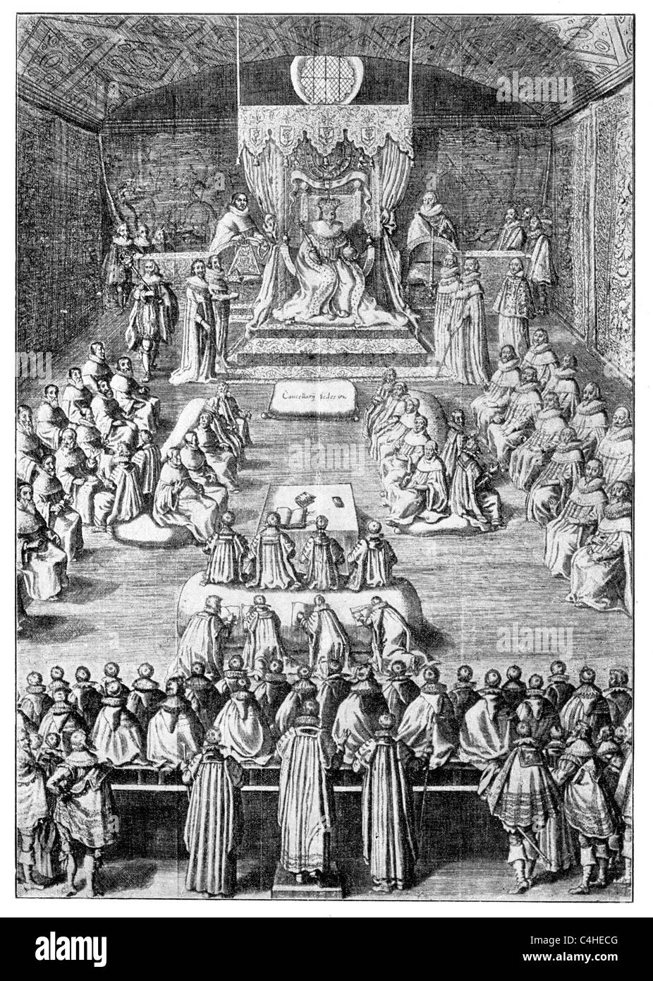El rey Carlos I de Inglaterra abriendo el Parlamento 1625; El commons presentando su altavoz para el rey. Foto de stock